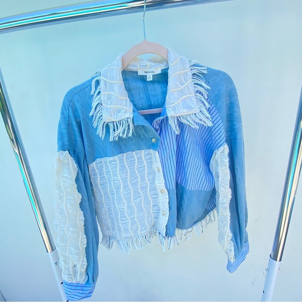 Blue & Cream Mixed Media Fringe Button Up Top Size Small